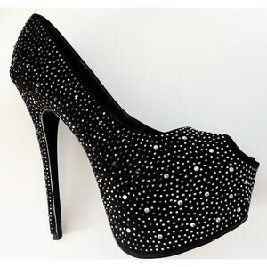 Shoe Dazzle Heels Black Studded Platform Peeptoe Rhinestone Sz 8 Stripper Sexy